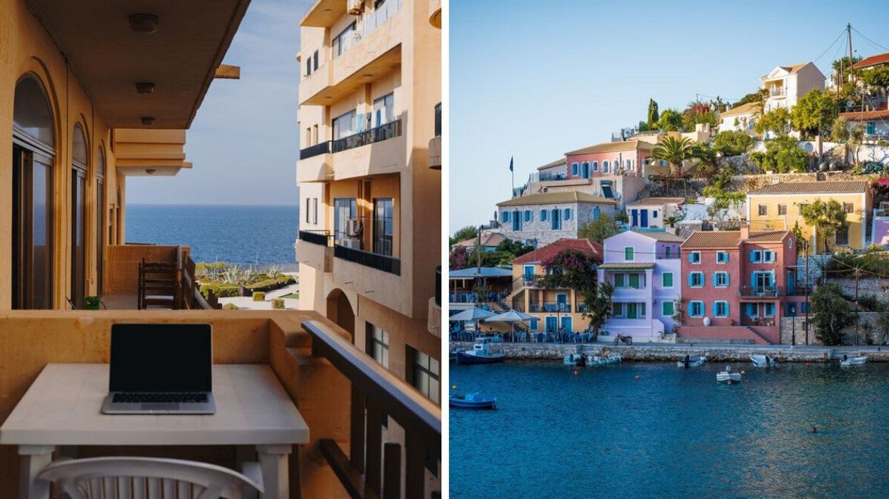 A laptop on a table in Malta. Right: Buildings in Asos, Greece.