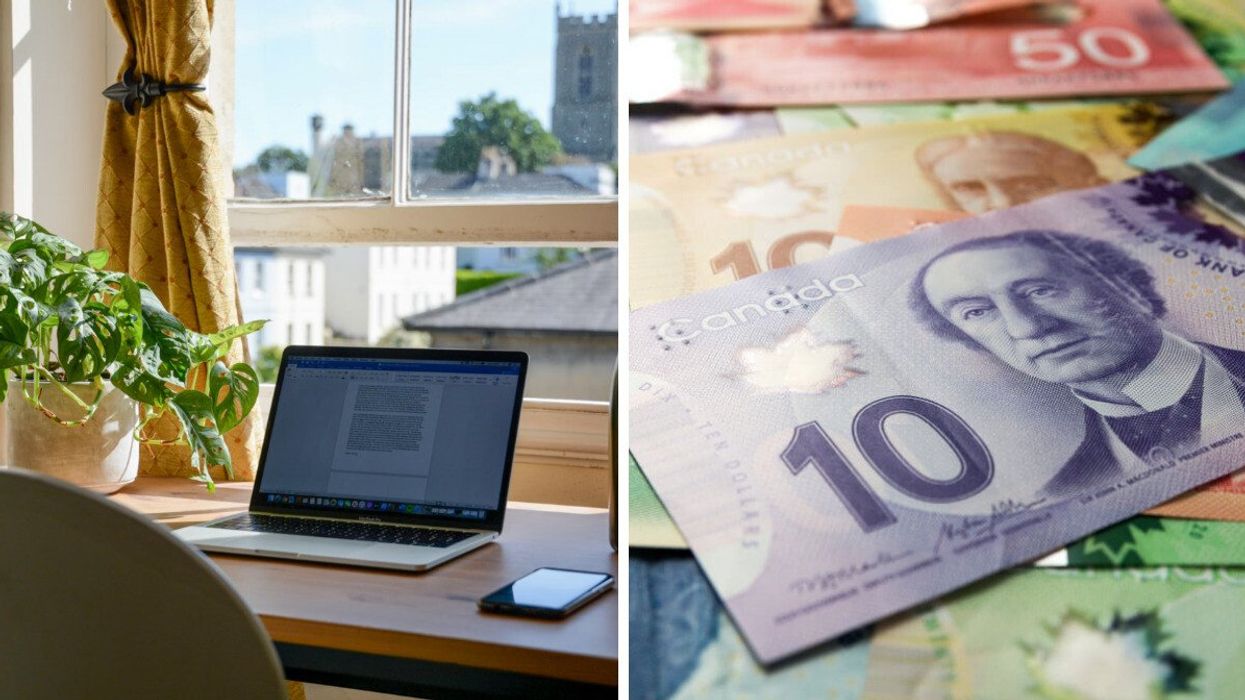 A laptop positioned on a desk near a window. Right: A pile of Canadian 10 and 50 dollar bills.