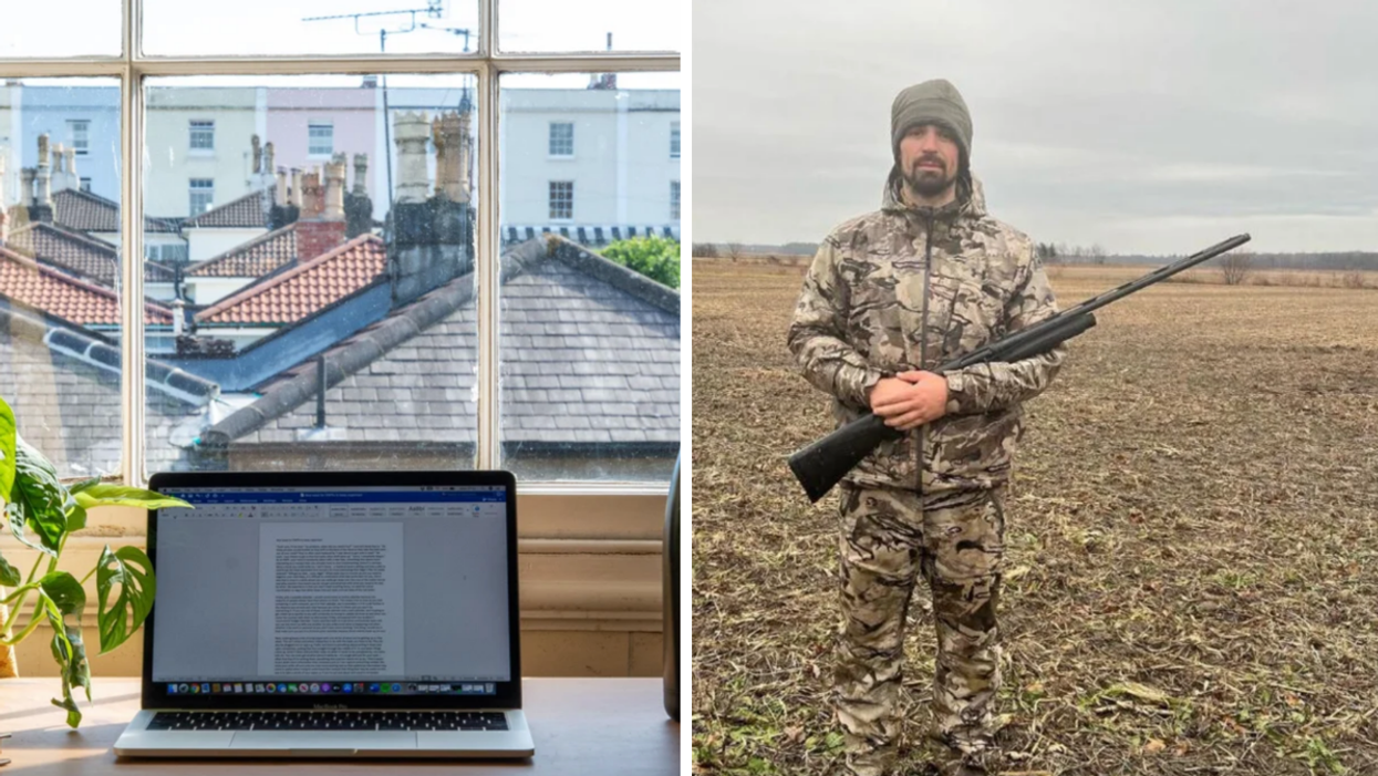 A laptop sits on a desk in front of a window. Right: NHL player Carey Price wearing camo and holding a rifle.