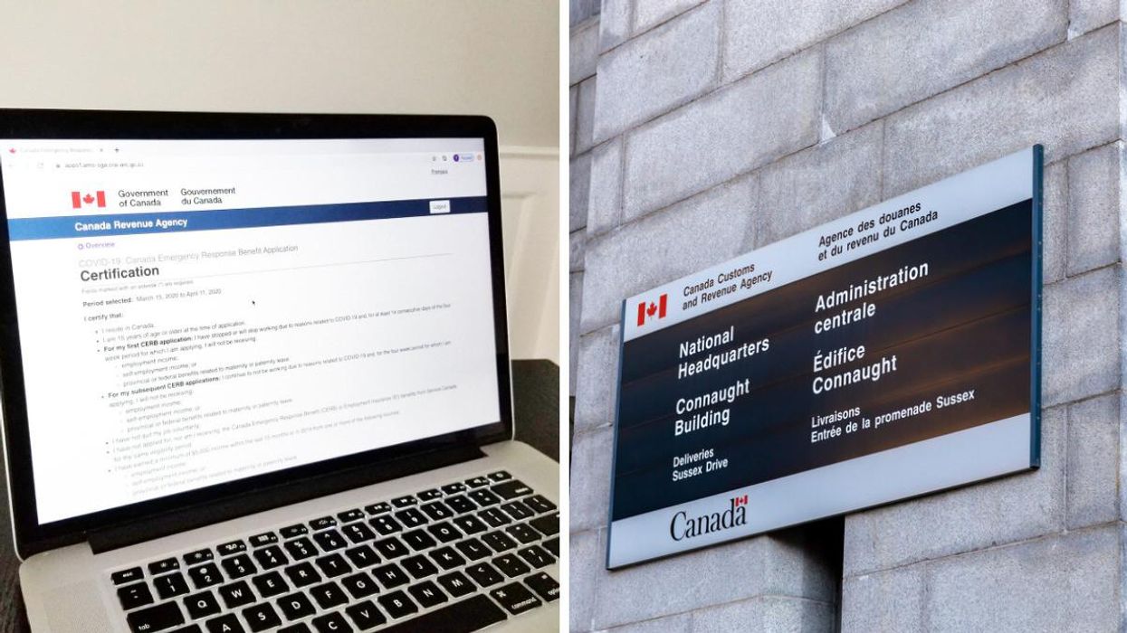 A laptop with the CERB application open. Right: The Canada Revenue Agency's national headquarters.