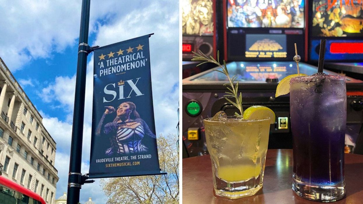A large advertisement for "Six" the theatre show. Right: Two cocktails in front of a retro-style arcade game.