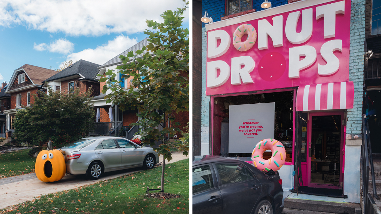 A large pumpkin decoration with a shocked face appears to have crashed into the back of a silver car parked in a Toronto residential driveway, surrounded by fall leaves and brick houses., Right: A pink frosted donut prop appears stuck in the back of a dark car outside a bright pink donut shop called “Donut Drops” in Toronto.
