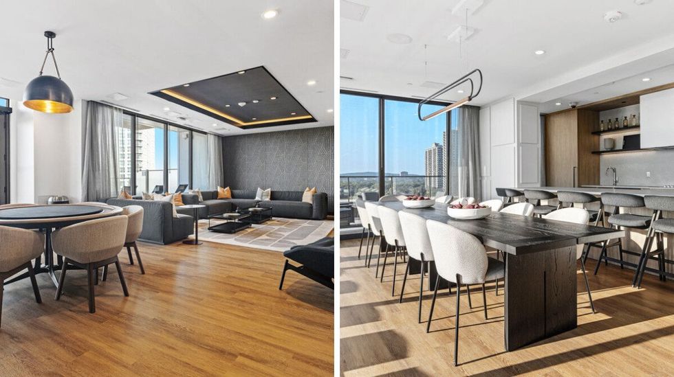 A large room with a dining table, corner couch, and modern decor. Right: A long dining table and 12 seats next to a kitchen with bar seating. 