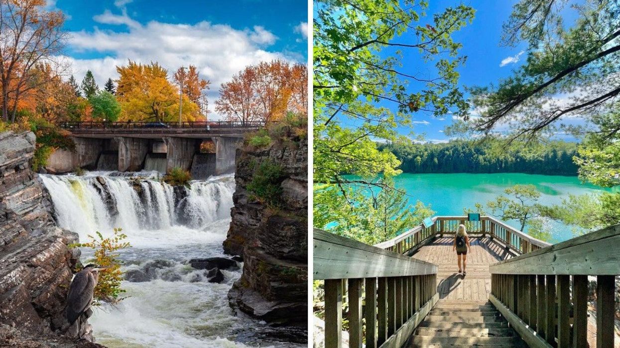 A large, rushing waterfall. Right: Someone stands at a lookout over a turquoise-water lake.
