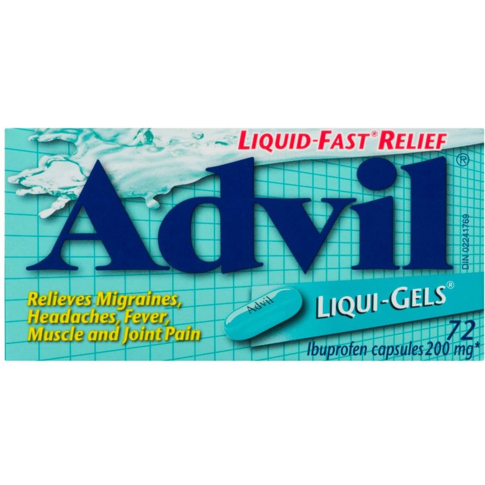 A light blue box of Advil Regular Strength Liqui-Gels, 200 mg, 72 Count.