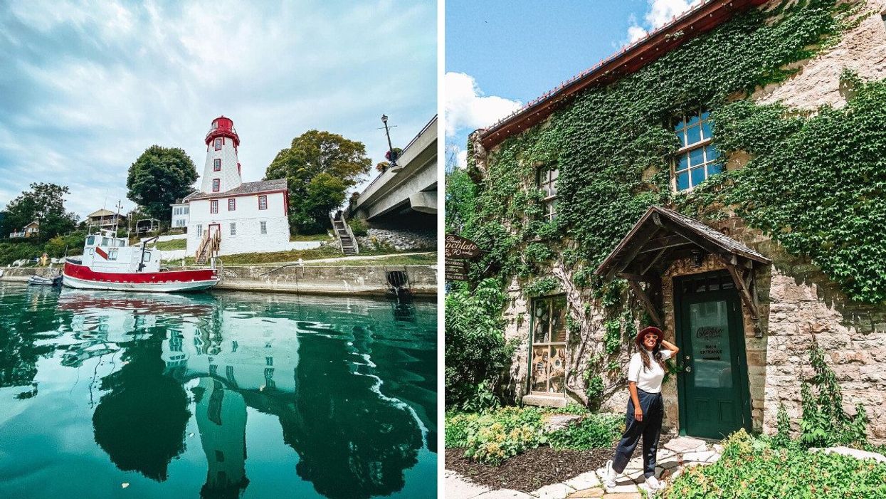 A lighthouse and boat by the water. Right: A person standing outside a vine-covered building.