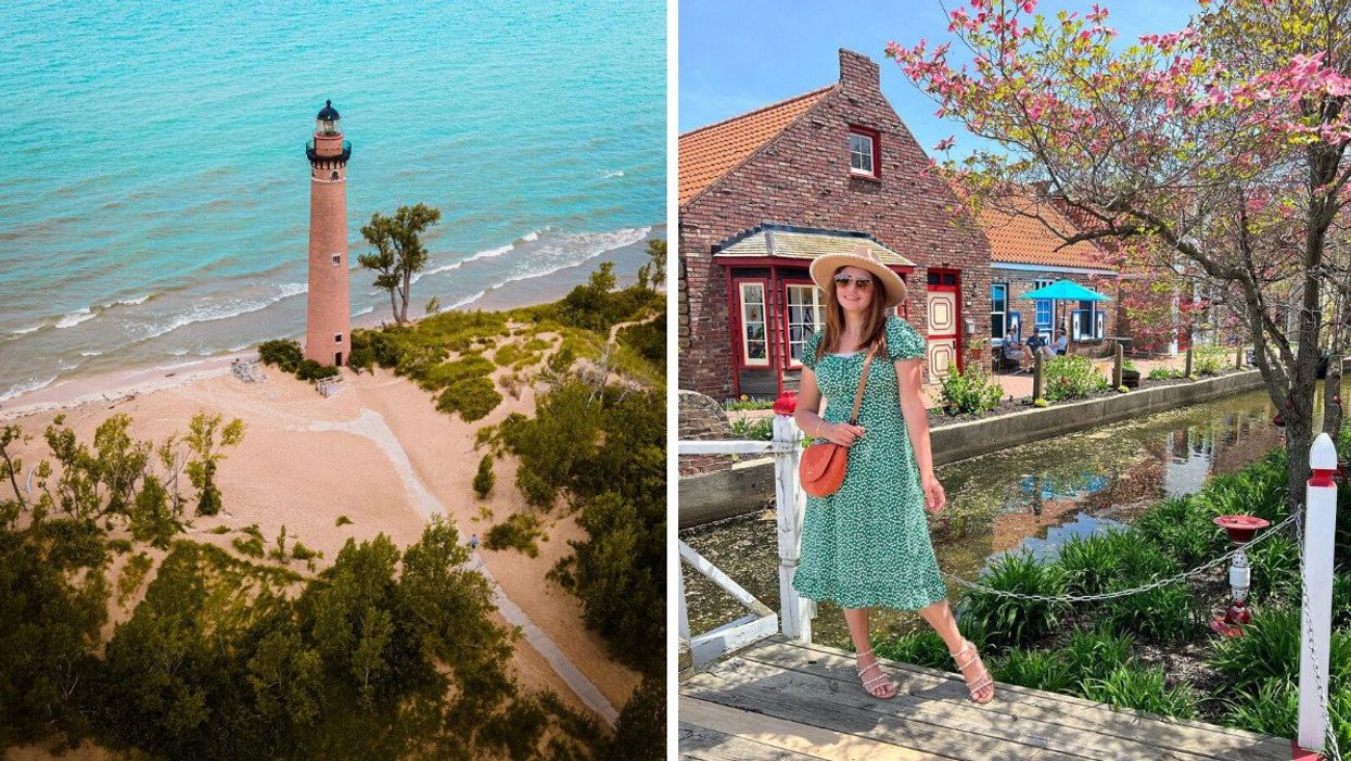 A lighthouse by blue water. Right: A person standing in a historic village.