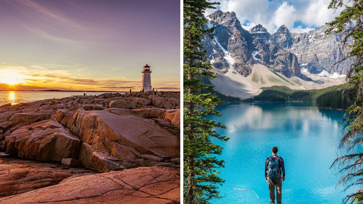 A lighthouse in Canada. Right: A hiker at a lake in Canada.