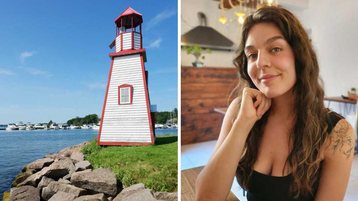 A lighthouse. Right: A person leaning on their hand.