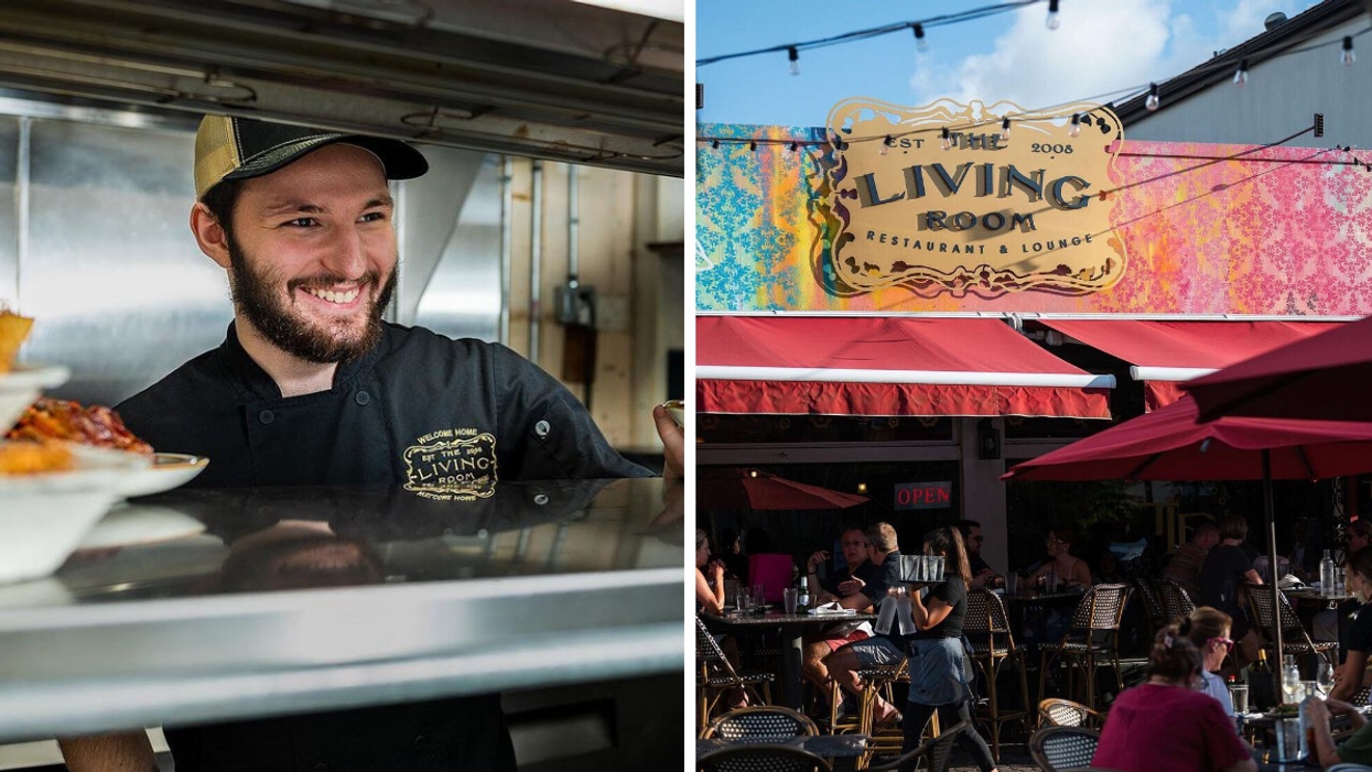 A line cook at The Living Room Restaurant & Lounge. Right: The Living Room Restaurant & Lounge exterior.