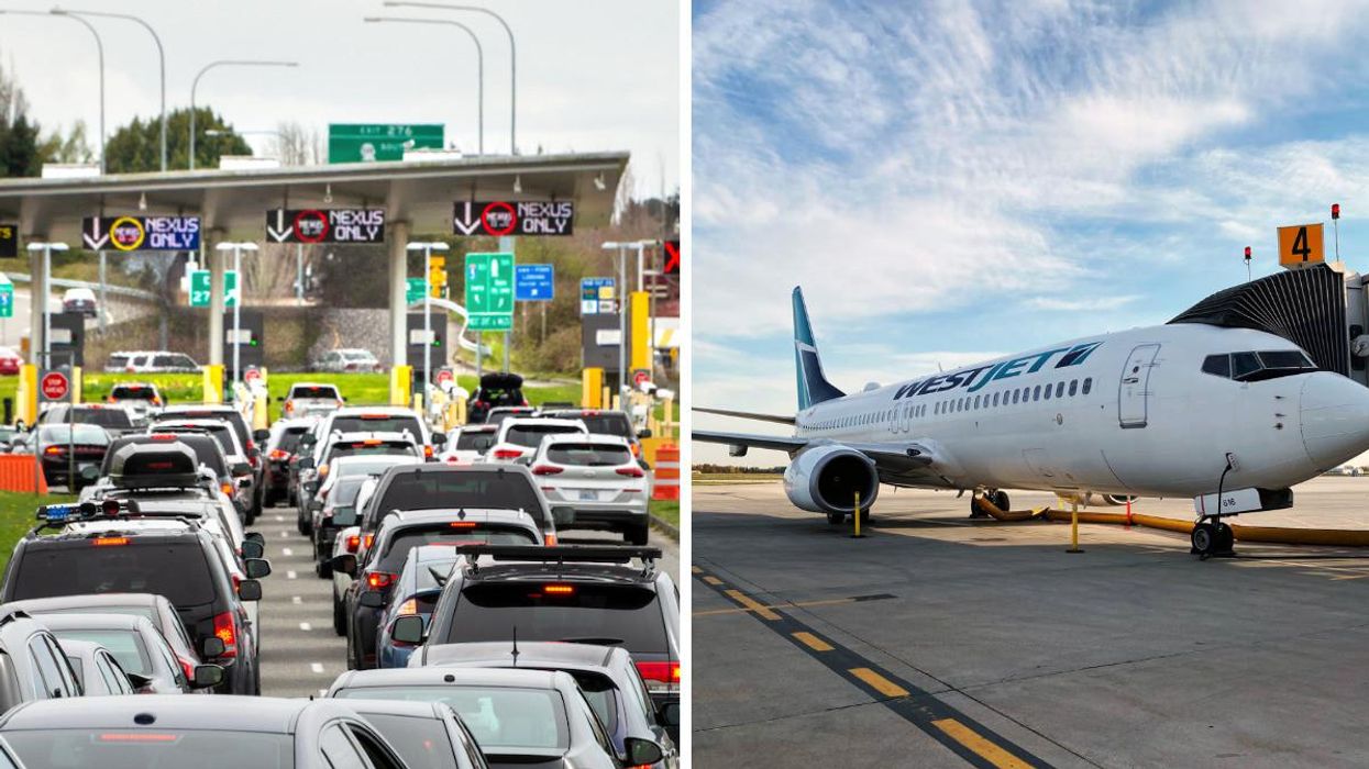A line of cars at the Canada-U.S. border. Right: A WestJet plane on the runway.