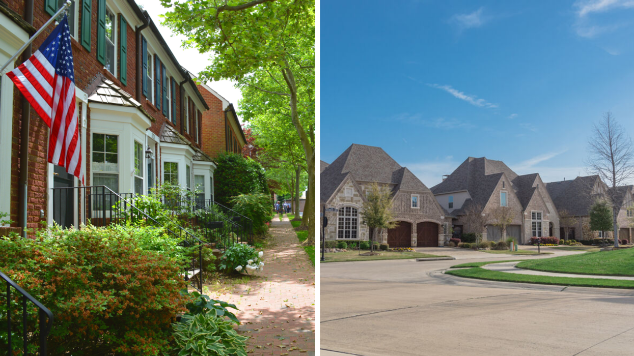 A line of houses in an American neighborhood. Right: A Dallas, TX, neighborhood.