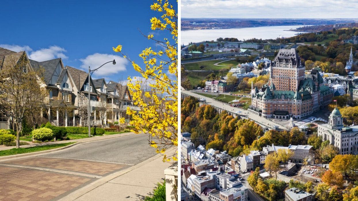 A line of houses is seen on a street in Ontario. Right: An aerial view of Quebec City.
