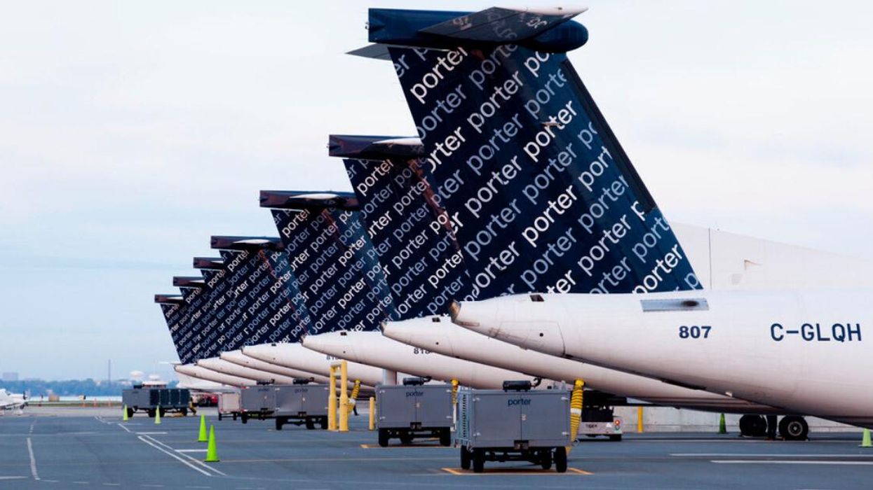 A lineup of Porter Airlines jets.