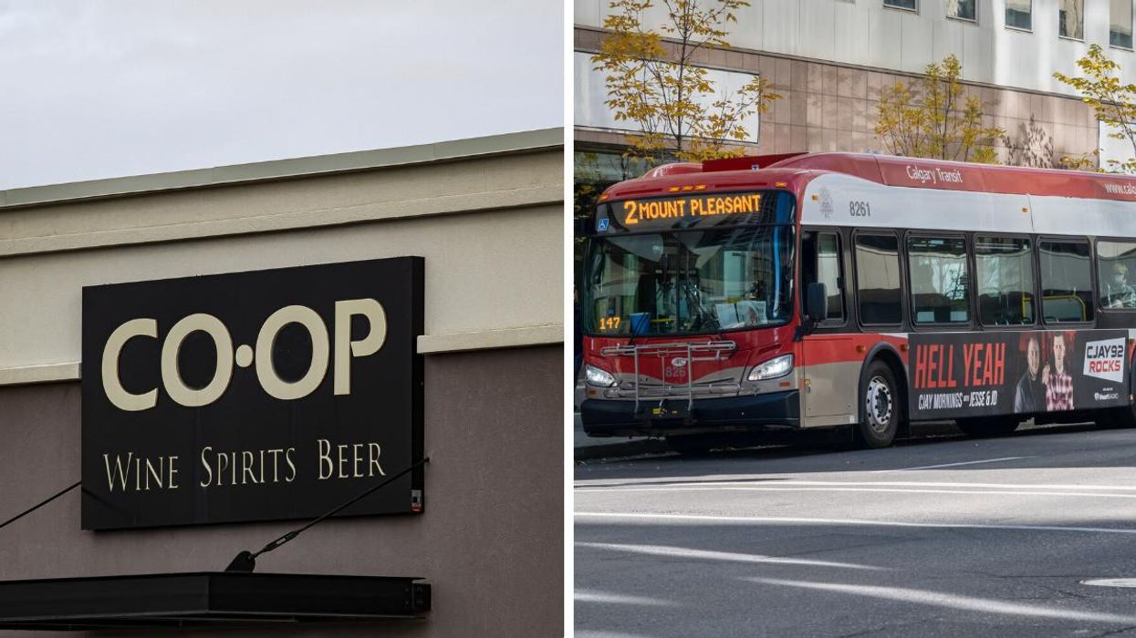 A liquor store. Right: A Calgary bus