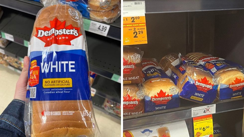 A loaf of Dempster's bread at Sobeys. Right A shelf of different bread options at Metro