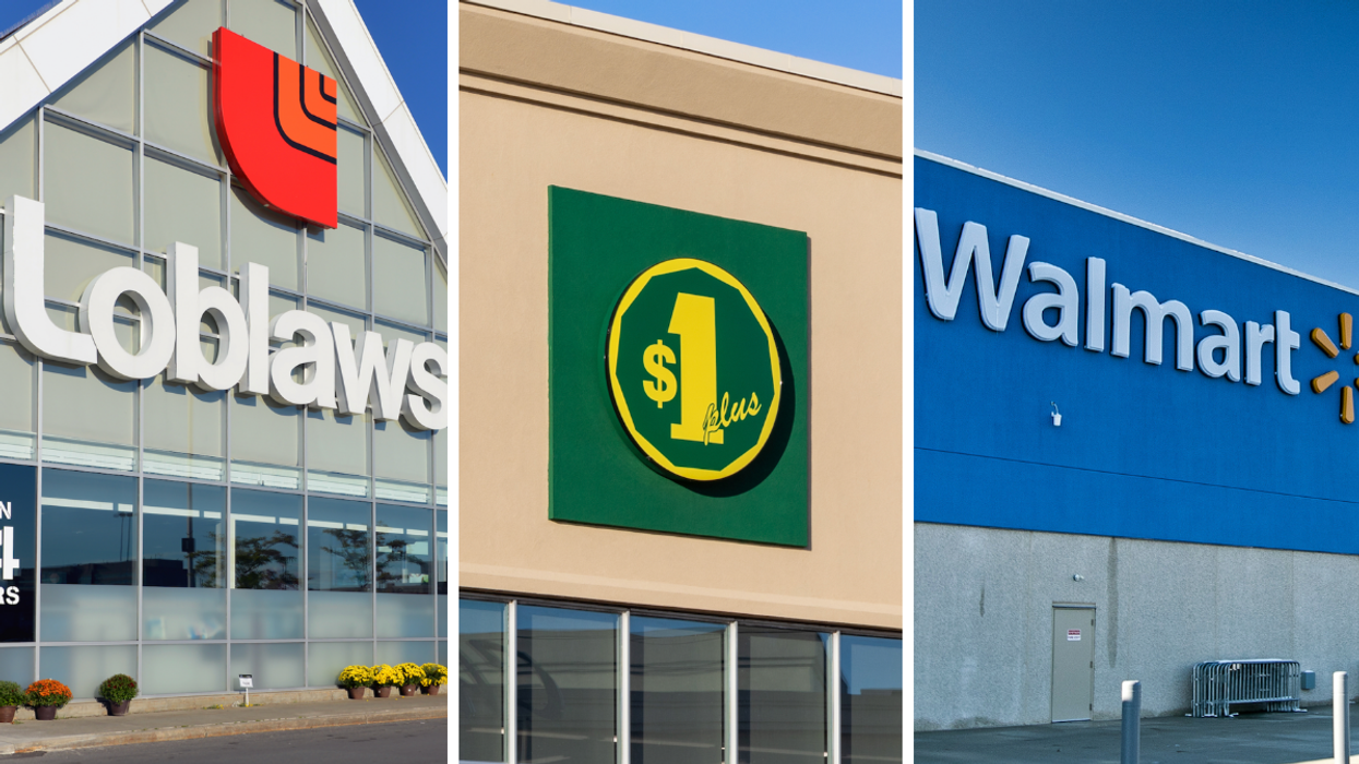 A Loblaws grocery store. Middle: Dollarama sign. Right: A Walmart store.