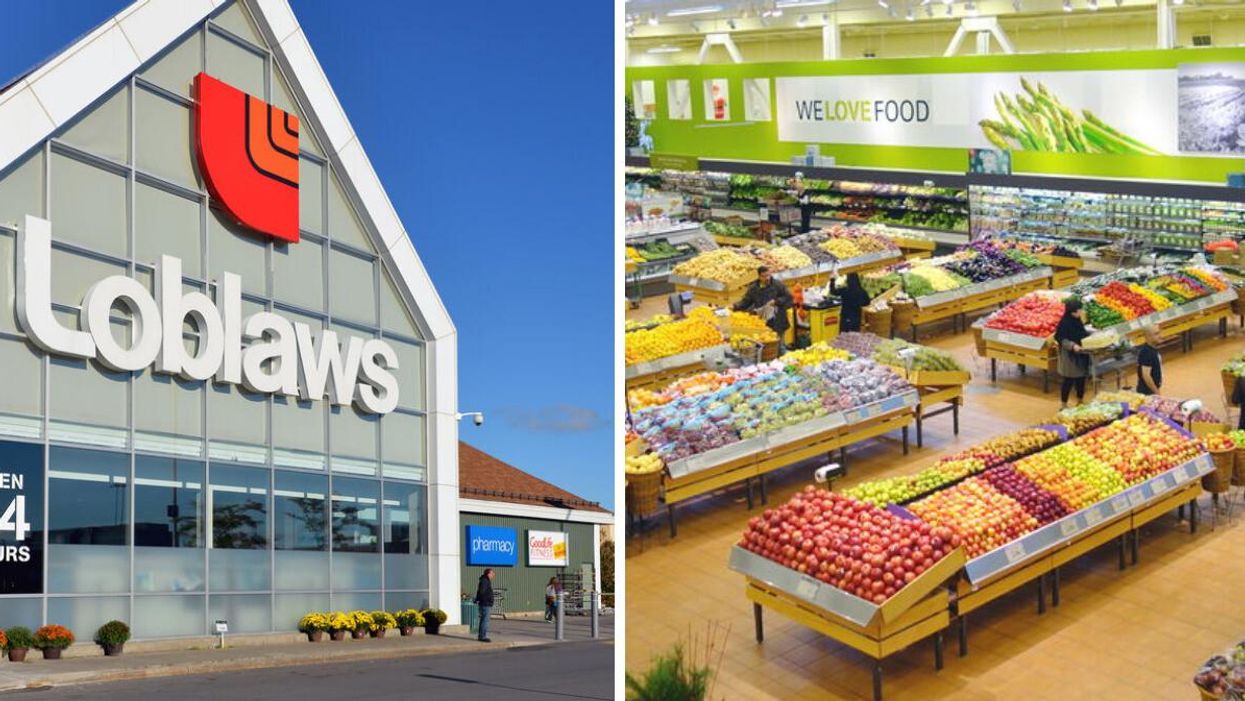 A Loblaws in Ontario. Right: Produce section at a grocery store.