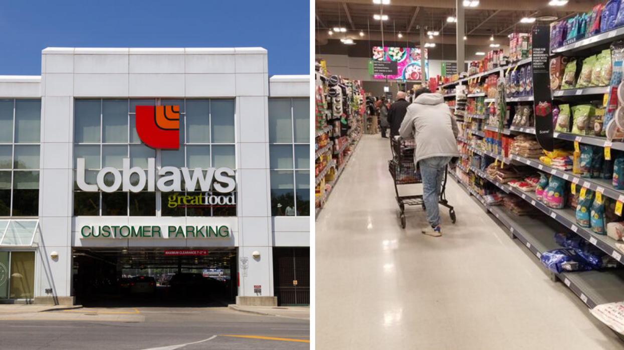 A Loblaws in Toronto. Right: A shopper pushes a cart in a store.