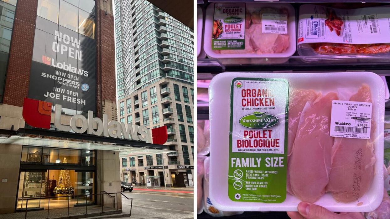 A Loblaws storefront in Toronto, Ontario. Right: A 3-pack of organic chicken.