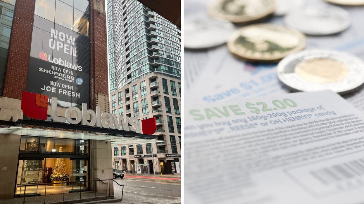 A Loblaws storefront in Toronto, Ontario. Right: Canadian coins and savings coupons.