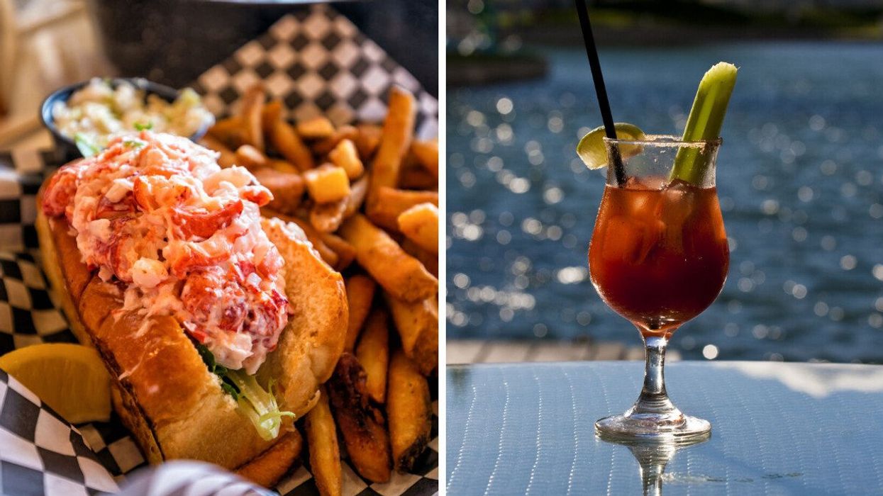 A lobster roll. Right: A Caesar drink.