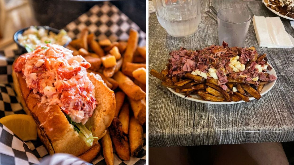 A lobster roll. Right: A plate of poutine.