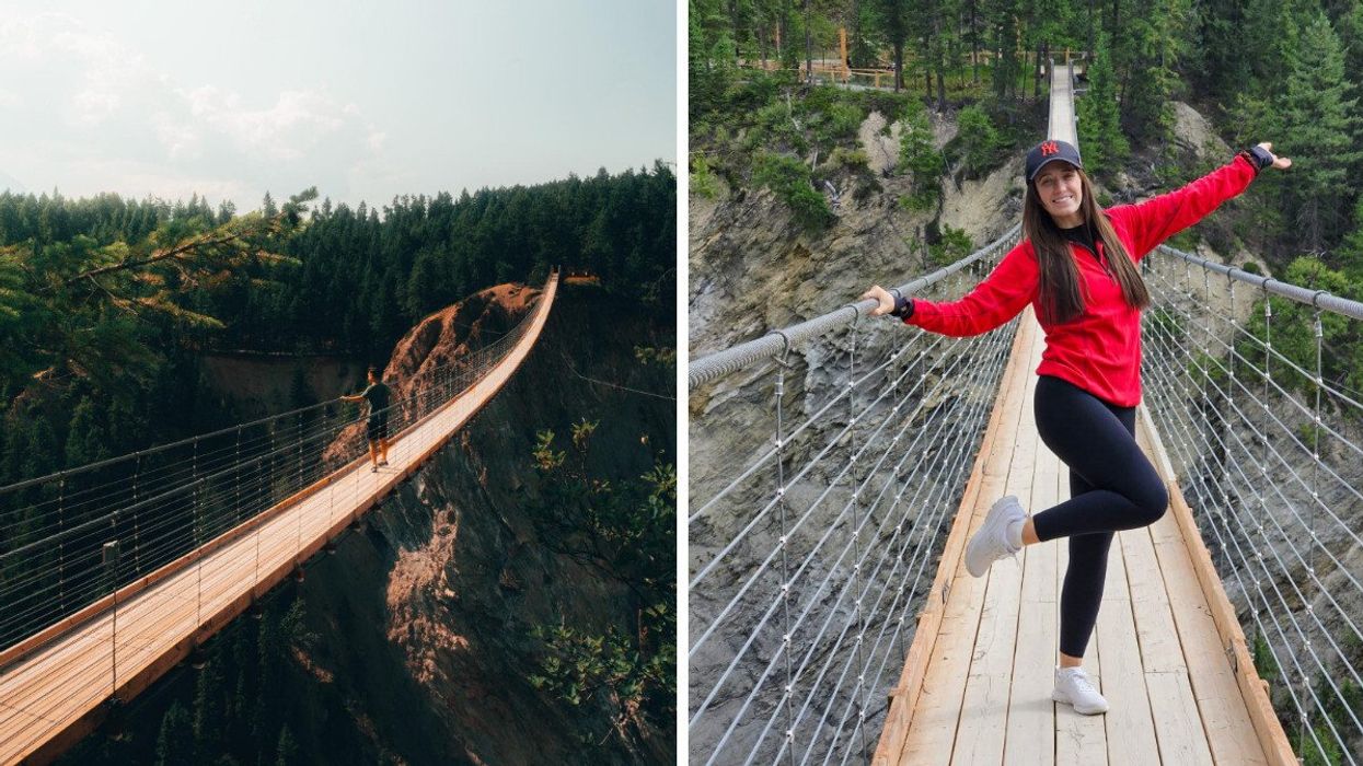 A long suspension bridge. Right: Person on a bridge.