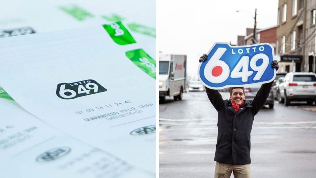 A Lotto 6/49 ticket. Right: A man holding a Lotto 6/49 sign about his head.