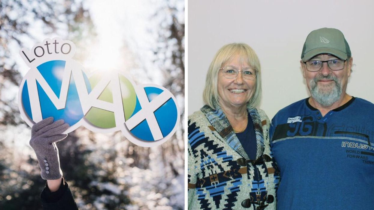 A Lotto Max sign. RIght: Lotto Max winners Wendy Olson and Orville Miner.