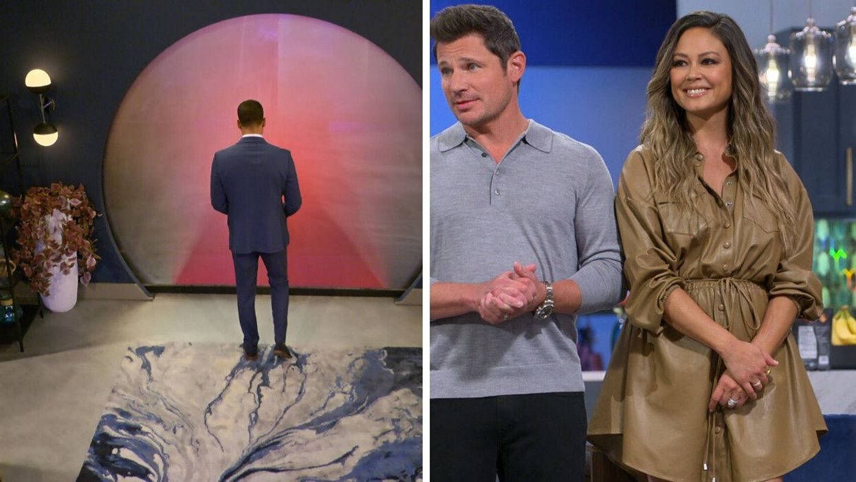 A Love Is Blind contestant about to see their fiancée for the first time. Right: Nick and Vanessa Lachey on Love Is Blind.