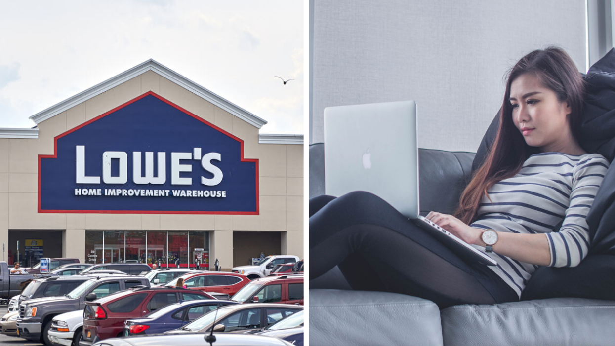 A Lowe's Home Improvement Warehouse location. Right: A remote employee.
