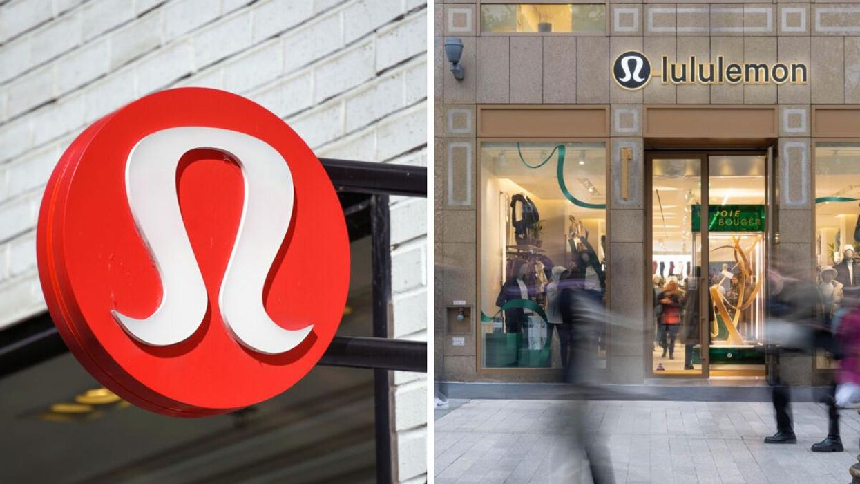 A Lululemon logo. Right: A Lululemon storefront.