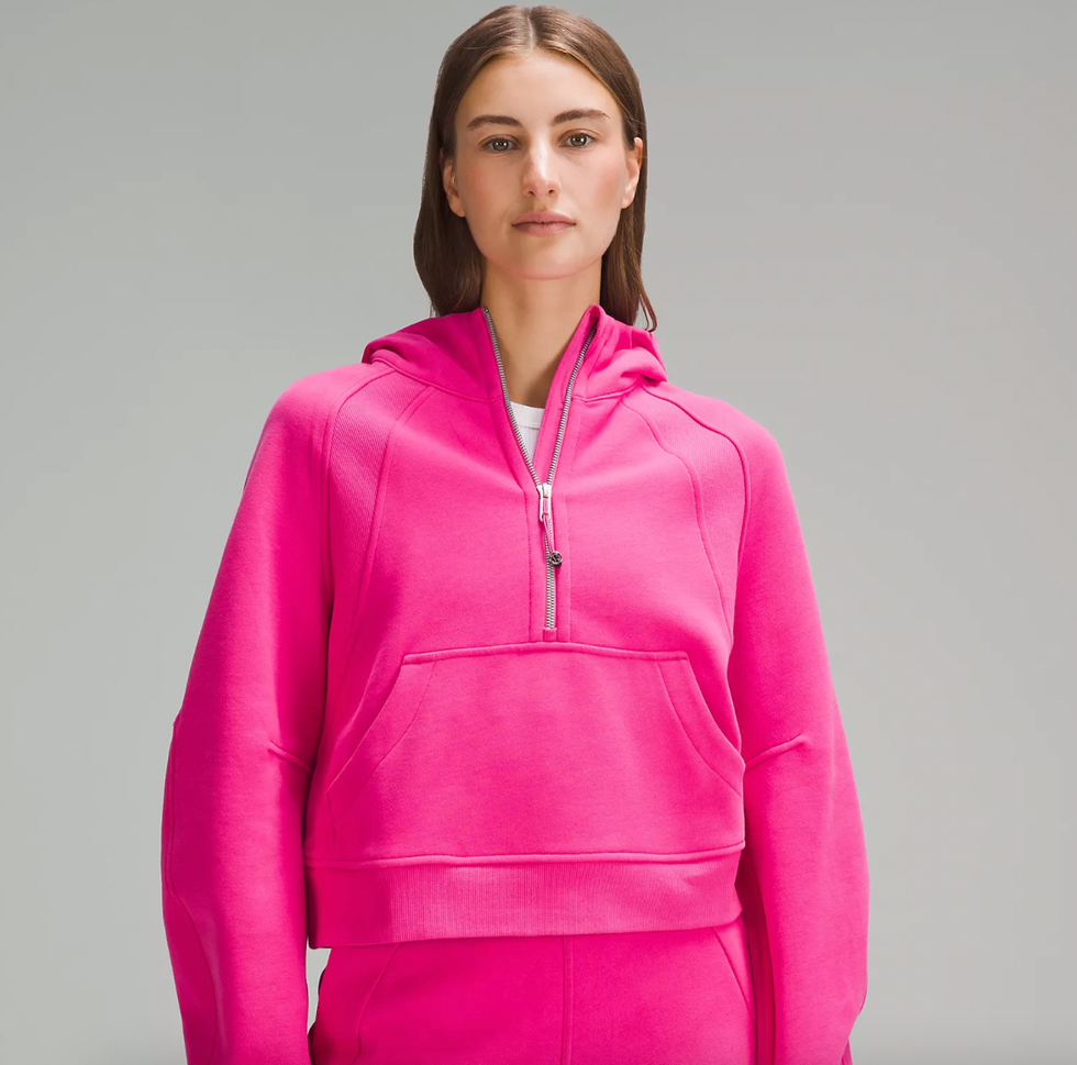 A Lululemon model wearing the Scuba Oversized Half-Zip Hoodie.
