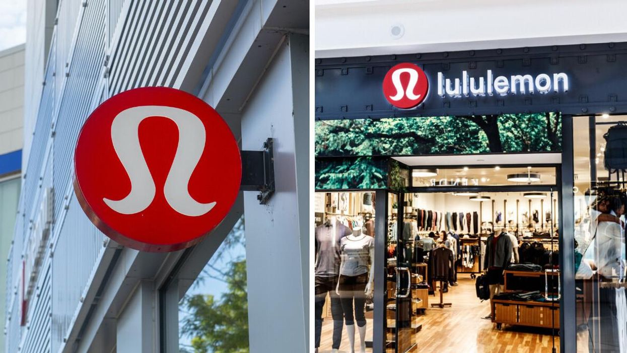 A Lululemon sign. Right: A Lululemon store.