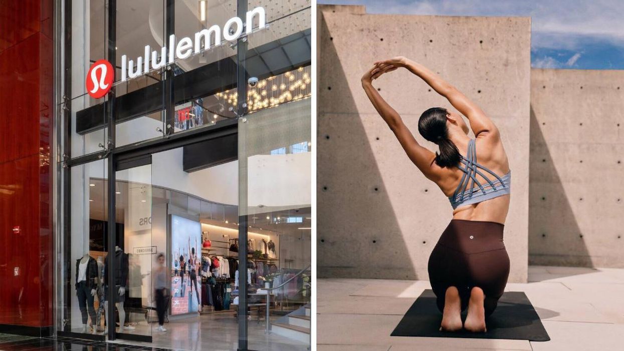 A Lululemon store in New York. Right: A woman stretches while wearing Lululemon.