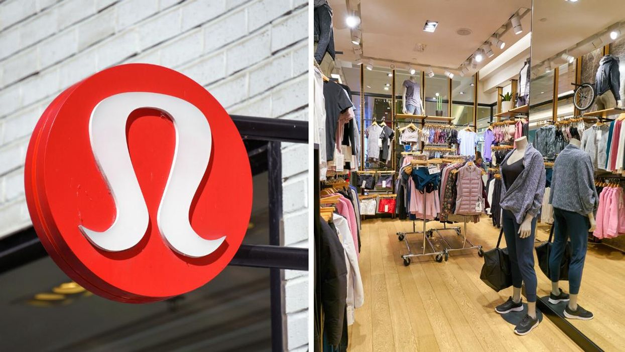 A Lululemon store logo in Montreal. Right: Clothes in a Lululemon store.