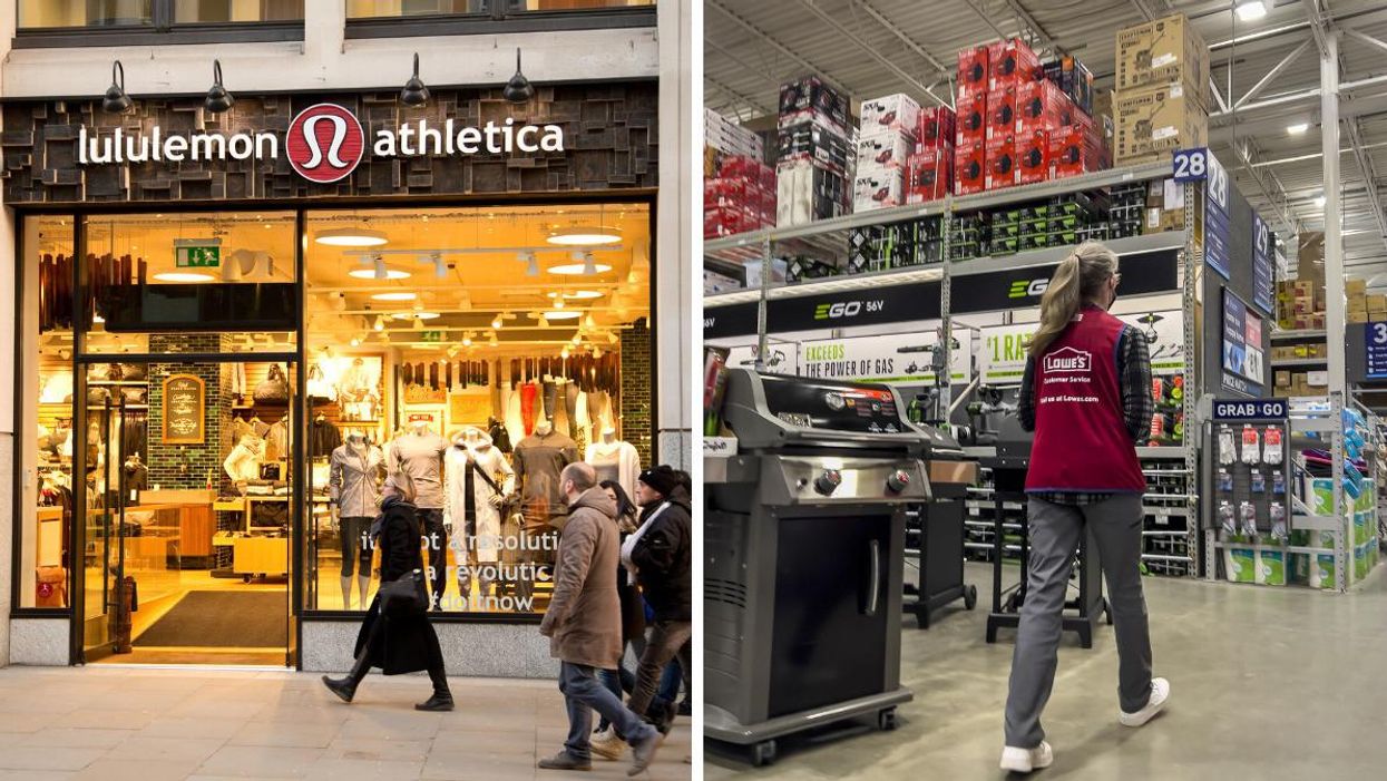 A lululemon storefront. Right: An employee at Lowe's.