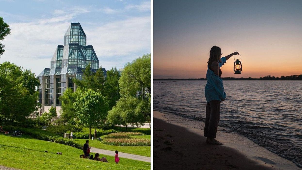 A lush green park with a glassy building in the background. Right: A person stands on a beach at dusk, holding a lantern.