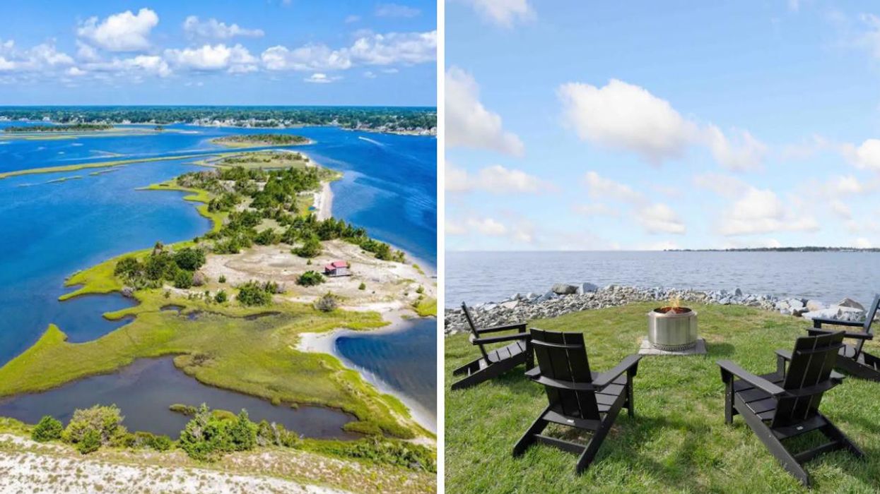 A lush private island surrounded by blue water. Right: Chairs around a fire pit overlooking a rocky shore.