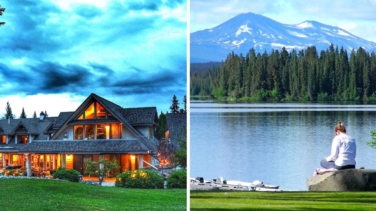 A luxurious home for sale in B.C. Right: A lake with mountains.