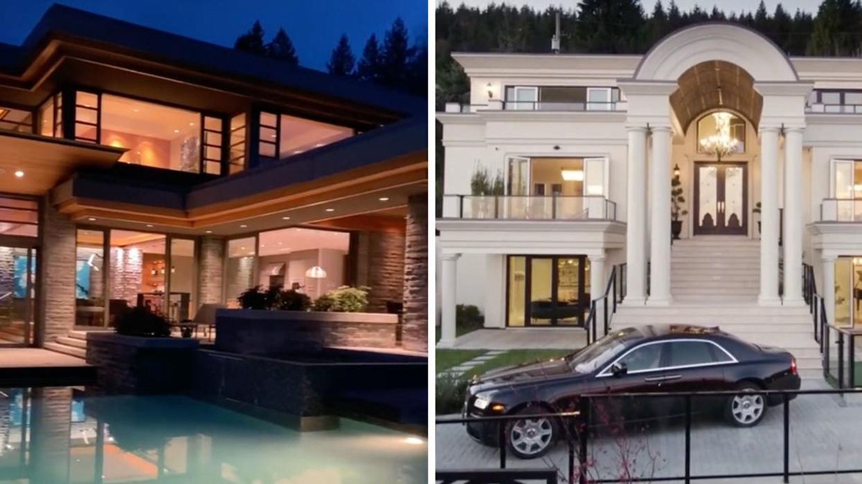 A luxury home in Vancouver, B.C. Right: A car parked in front of a white luxury home.