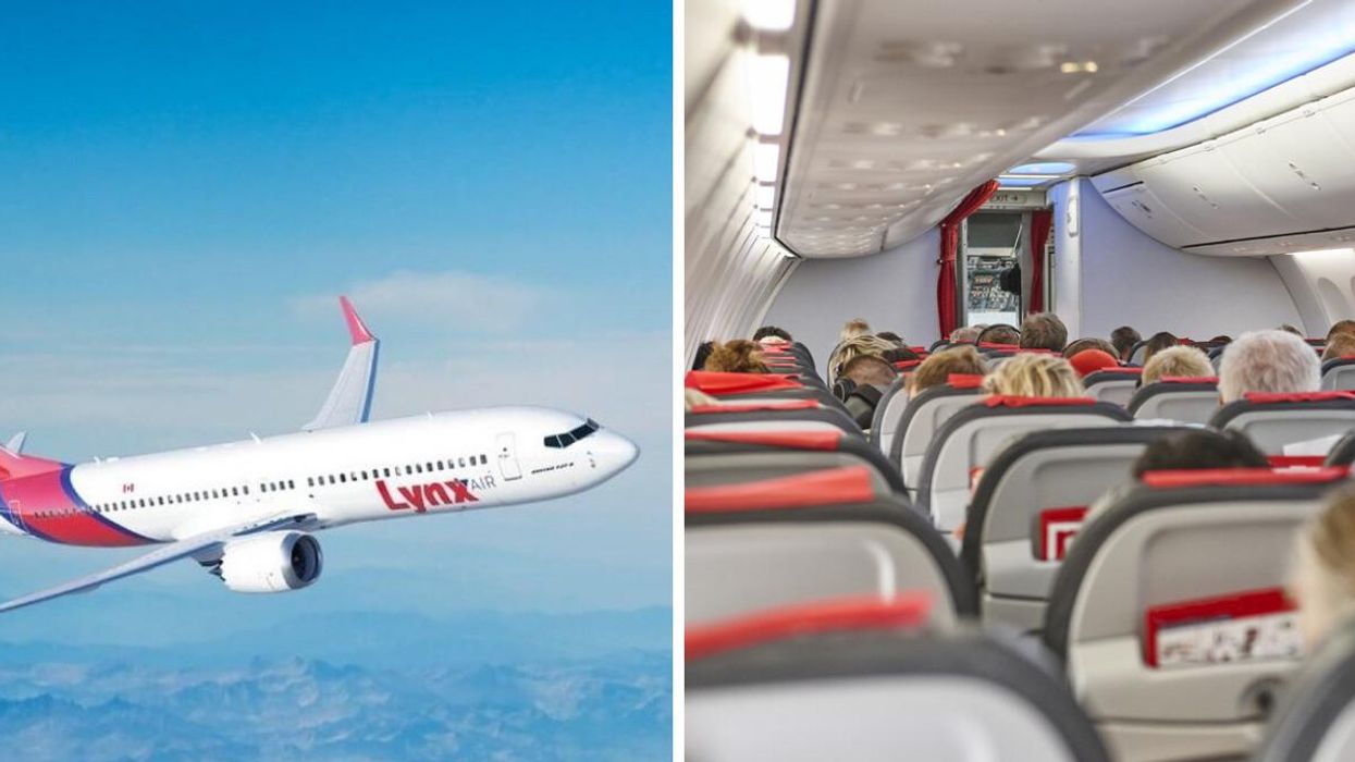 A Lynx Air airplane. Right: The interior of an airplane.