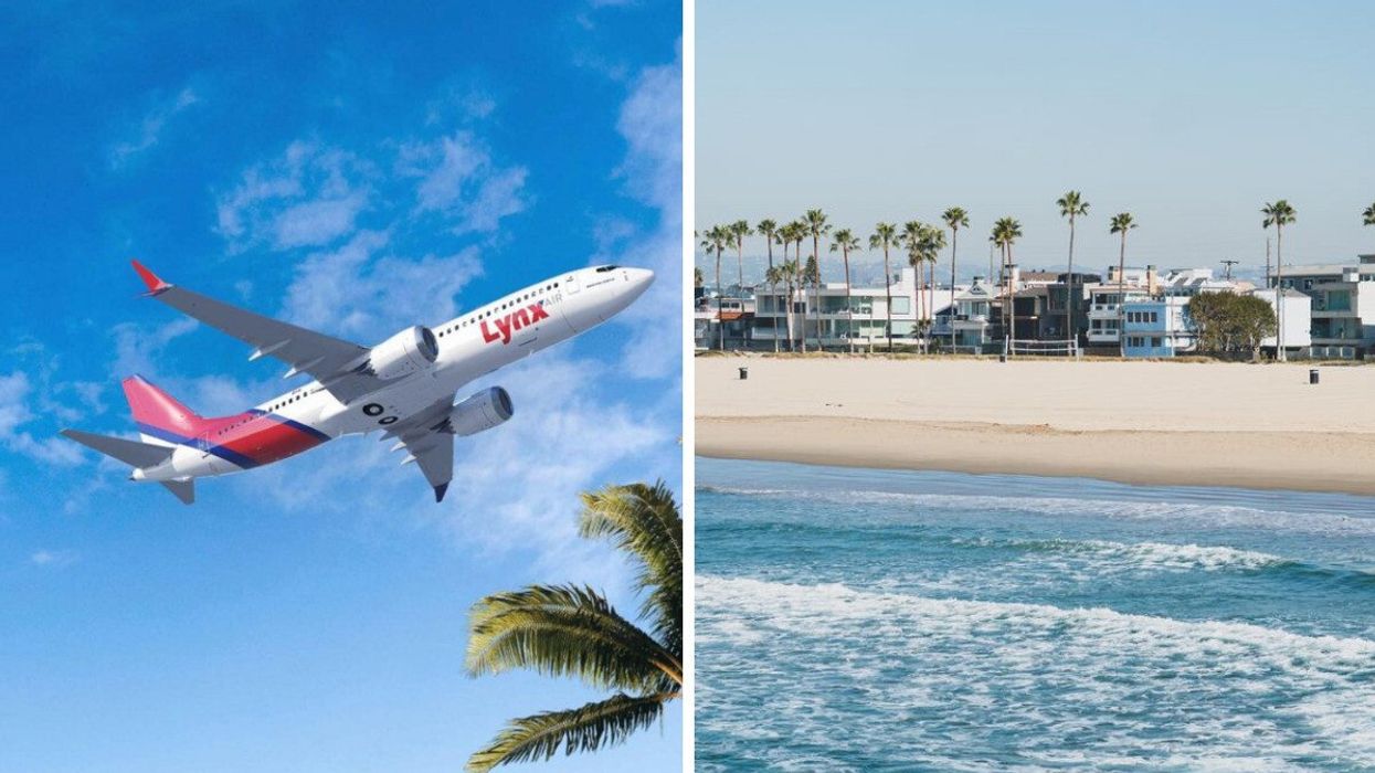 A Lynx Air flight. Right: A beach in Los Angeles