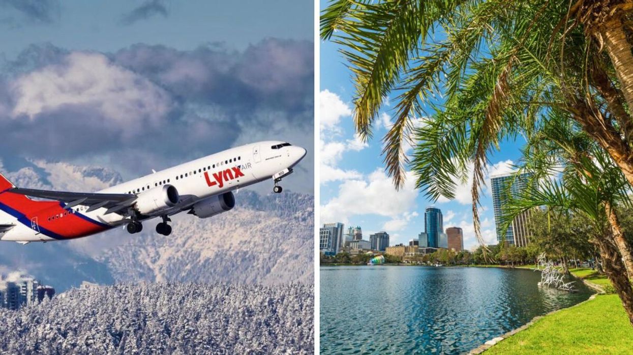 A Lynx Air jet in the sky. Right: Orlando, Florida.