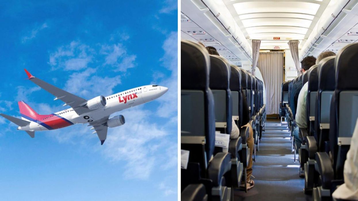 A Lynx Air plane in the sky. Right: The inside of a plane.
