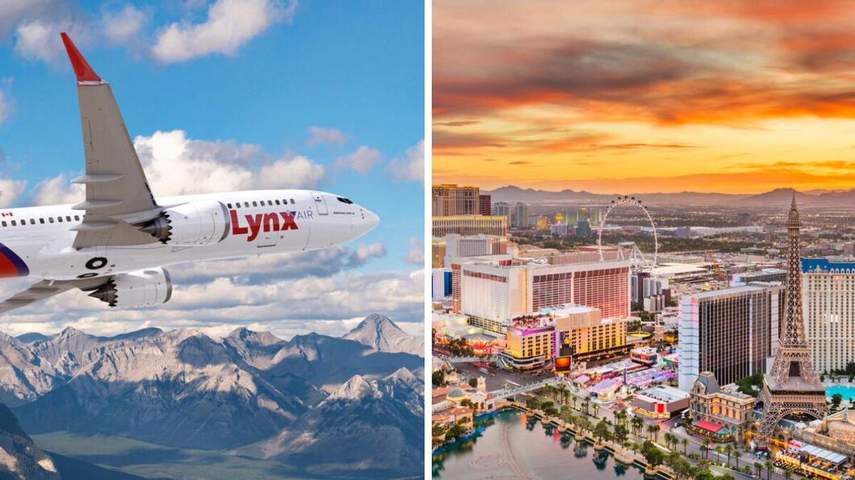 A Lynx Air plane. Right: Las Vegas, Nevada.