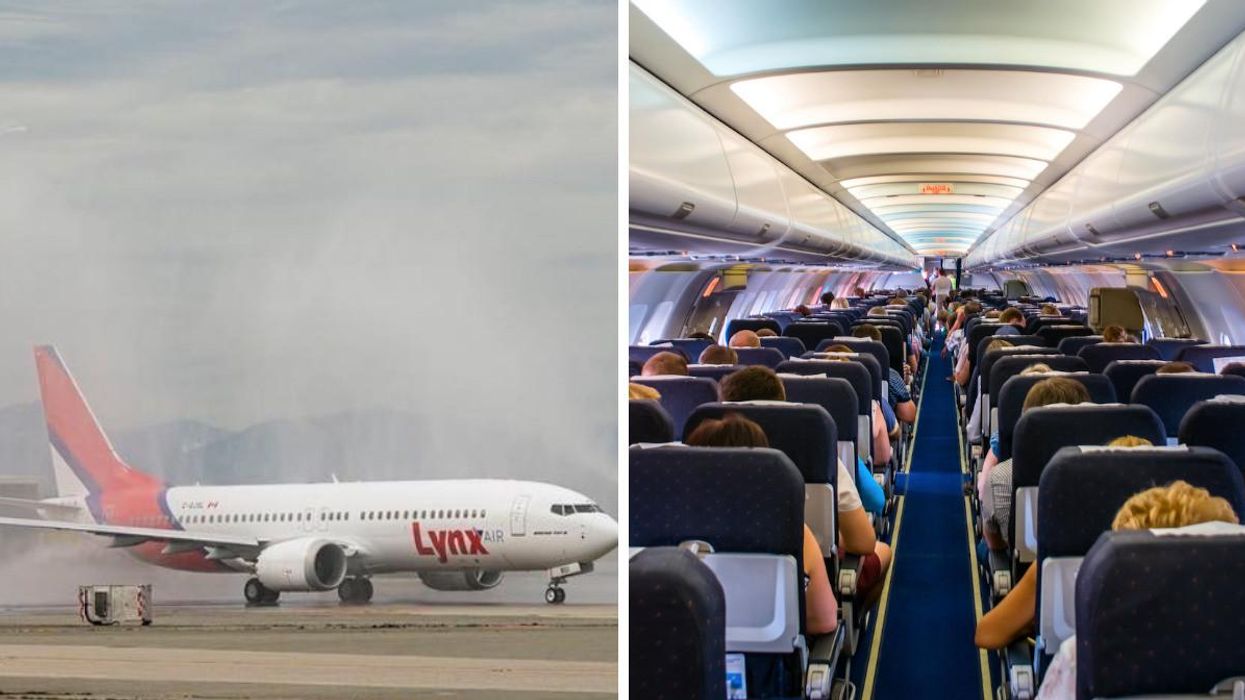 A Lynx Air plane. Right: Passengers sitting inside a plane.