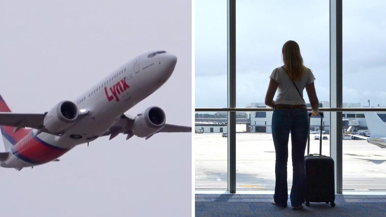 A Lynx airplane in flight. Right: A woman with her luggage in front of a window at the airport.