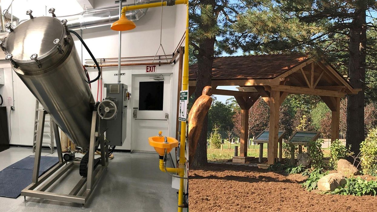 A machine for aquamation. Right: The wood archway at Willow's Rest.